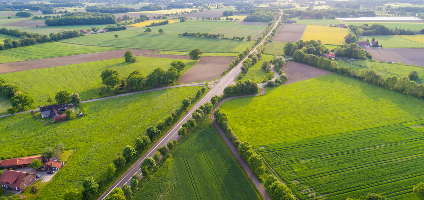 Luftaufnahme einer Ackerlandschaft mit einer Landstraße